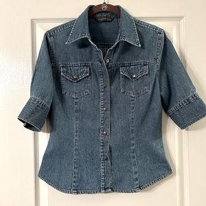 Distressed, elbow length denim top we’re over another shirt or alone